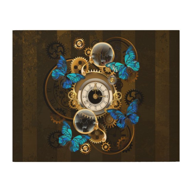 Steampunk Gears and Blue Butterflies Wood Wall Art (Front)