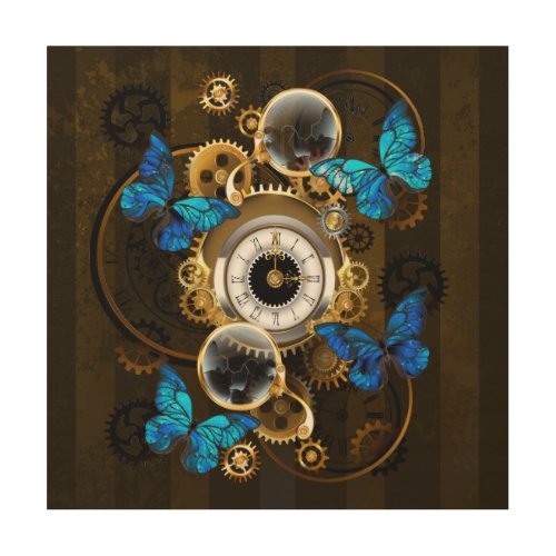 Steampunk Gears and Blue Butterflies Wood Wall Art