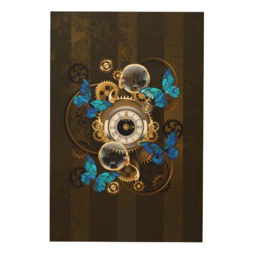 Steampunk Gears and Blue Butterflies Wood Wall Art