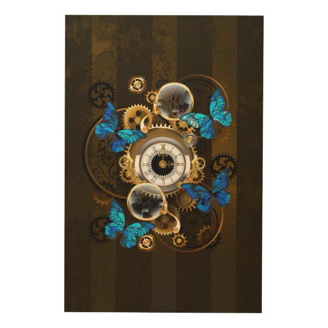 Steampunk Gears and Blue Butterflies Wood Wall Art (Front)