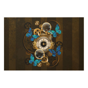 Steampunk Gears and Blue Butterflies Wood Wall Art
