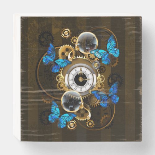 Steampunk Gears and Blue Butterflies Wooden Box Sign