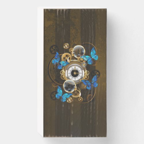 Steampunk Gears and Blue Butterflies Wooden Box Sign