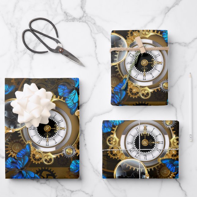 Steampunk Gears and Blue Butterflies Wrapping Paper Sheets (Front)
