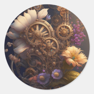 Steampunk Gears and Flowers Classic Round Sticker