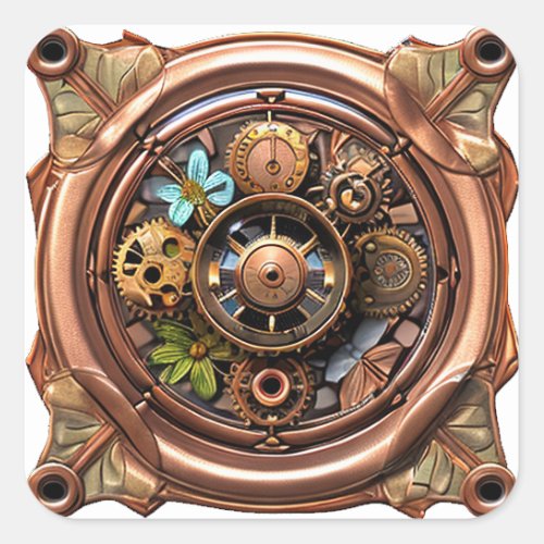 Steampunk Gears and Flowers Copper and Gold Metal Square Sticker