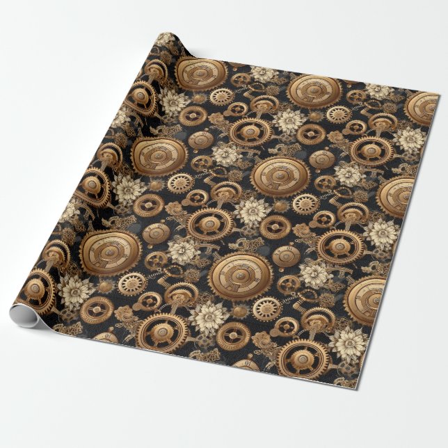Steampunk gears and flowers pattern wrapping paper (Unrolled)