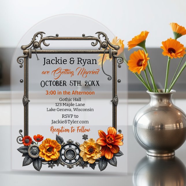 Steampunk Gears and Flowers Themed Wedding Acrylic Invitations (Creator Uploaded)