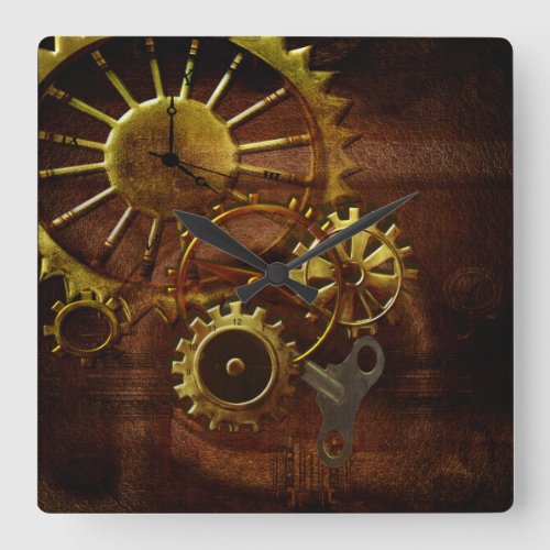 Steampunk Gears and Pipes Square Wall Clock