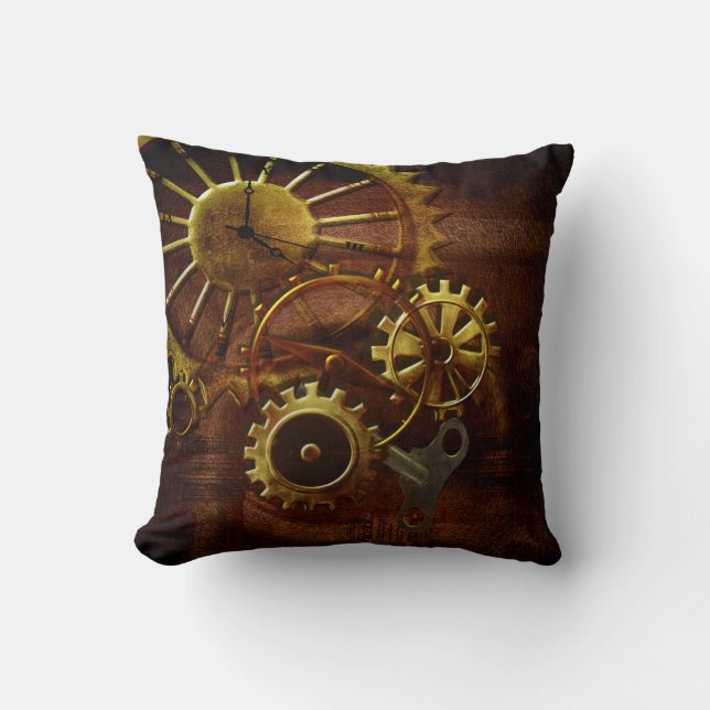 Steampunk Gears and Pipes Throw Pillow (Front)