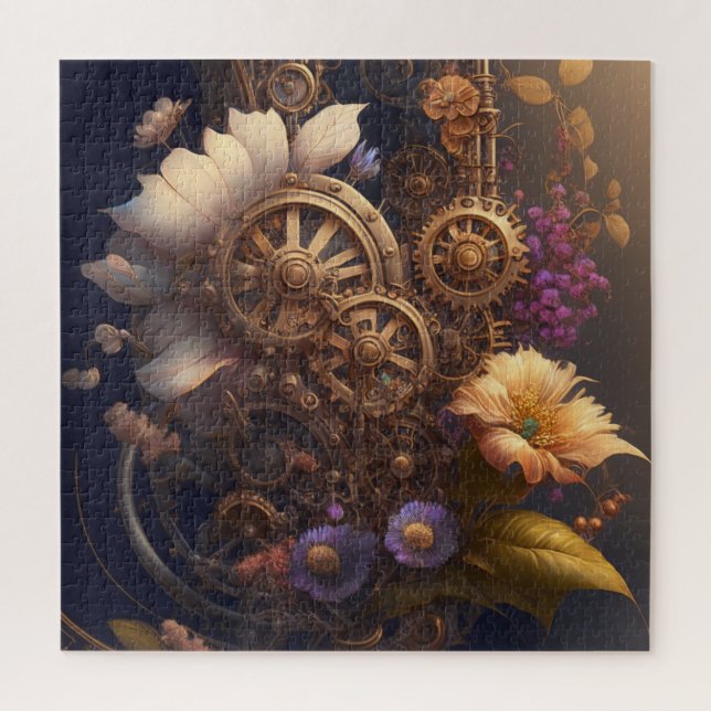 Steampunk Gears and Purple and White Flowers Jigsaw Puzzle (Vertical)