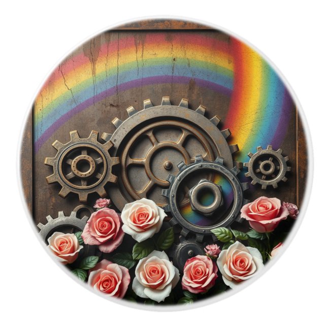 Steampunk Gears and Rainbow Ceramic Knob (Front)