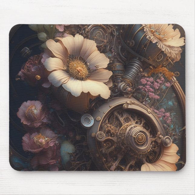 Steampunk Gears and White Flowers  Mouse Pad (Front)