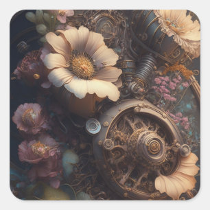 Steampunk Gears and White Flowers  Square Sticker