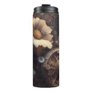 Steampunk Gears and White Flowers Thermal Tumbler