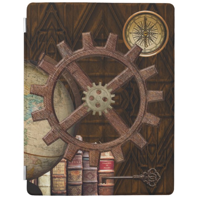 Steampunk Gears, books, globe, key and compass iPad Smart Cover (Front)