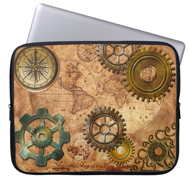 Steampunk Gears, Cogs, Brass Compass & Map Theme Laptop Sleeve (Front)