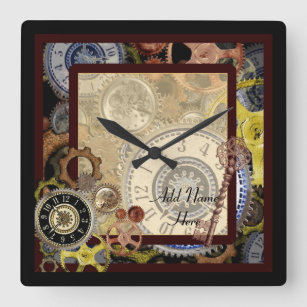 Steampunk Gears Cogs Vintage Personalized Square Wall Clock