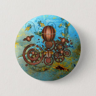 Steampunk Gears Collage Aqua Copper Button