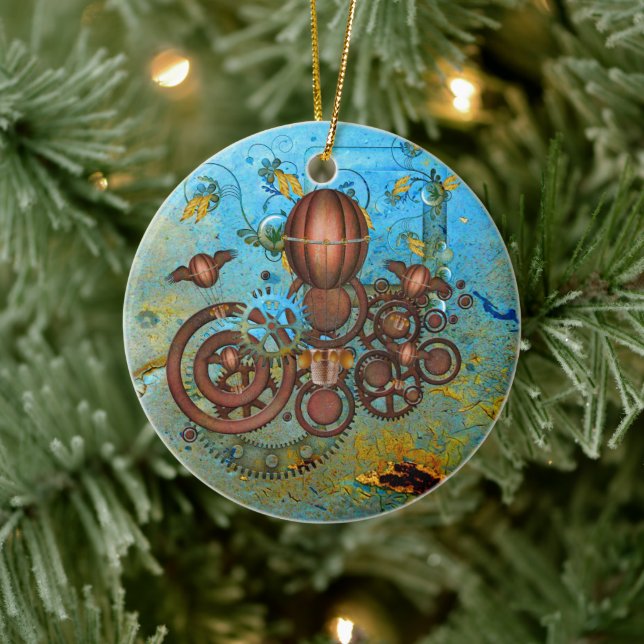 Steampunk Gears Collage Aqua Copper Ornament (Tree)