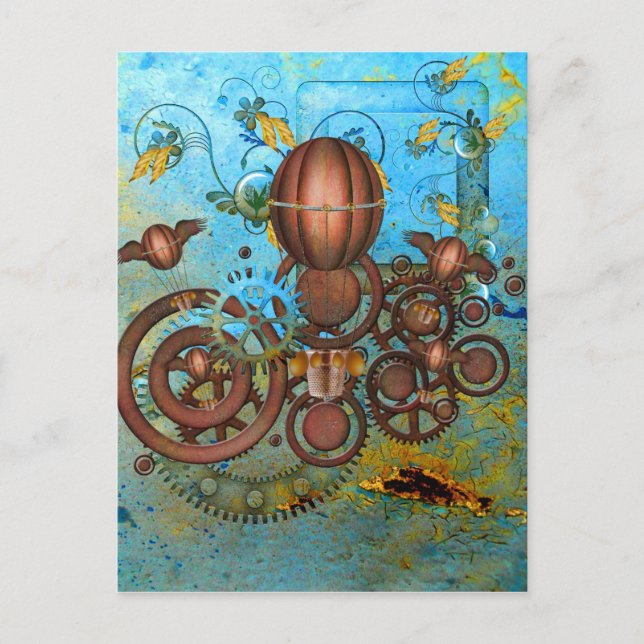 Steampunk Gears Collage Aqua Copper Postcard (Front)