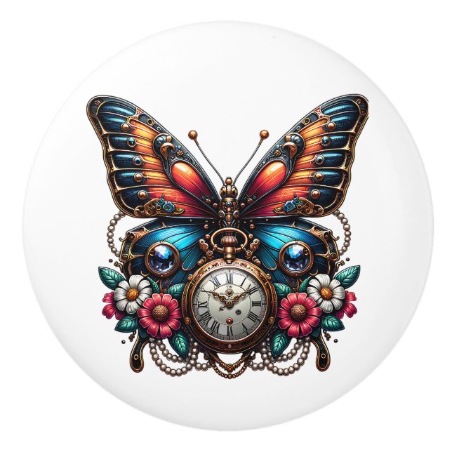 Steampunk Gears, Flowers and Butterfly  Ceramic Knob (Front)