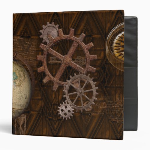 Steampunk Gears Globe Compass Artwork 3 Ring Binder
