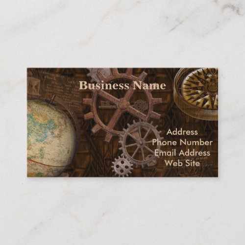 Steampunk Gears Globe Compass Artwork Business Card