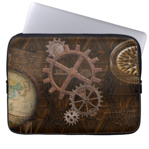 Steampunk Gears Globe Compass Artwork Laptop Sleeve