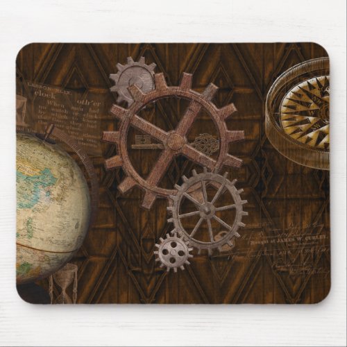 Steampunk Gears Globe Compass Artwork Mouse Pad