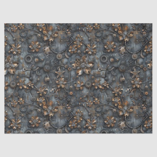 Steampunk Gears, Metal Flowers Pattern Decoupage Tissue Paper (Front)
