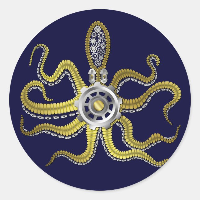 Steampunk Gears Octopus Kraken Classic Round Sticker (Front)