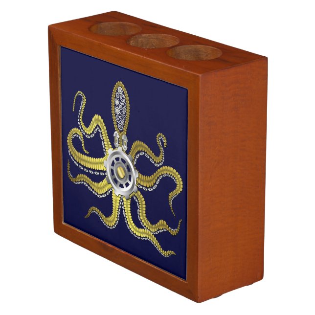 Steampunk Gears Octopus Kraken Desk Organizer (Angled)