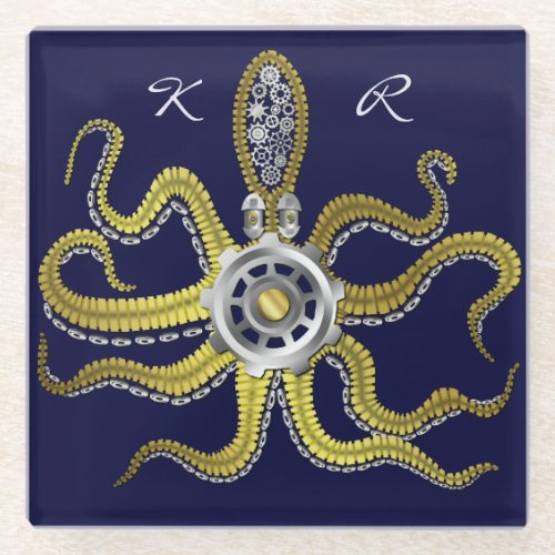 Steampunk Gears Octopus Kraken Monogram Nautical Glass Coaster