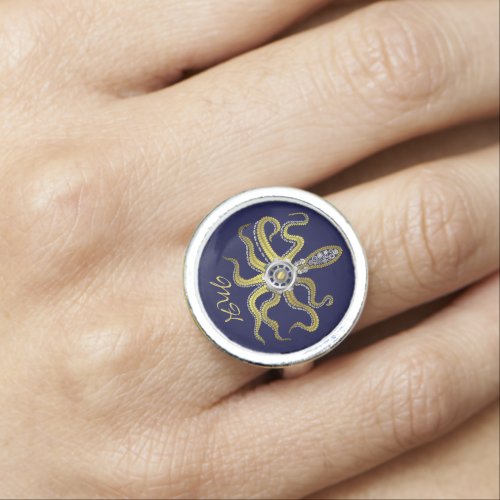 Steampunk Gears Octopus Kraken Monogram Ring