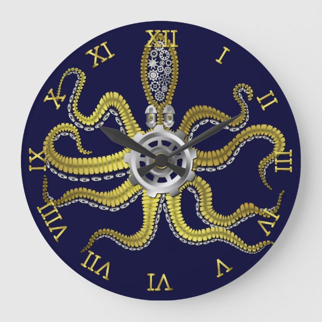 Steampunk Gears Octopus Kraken Nautical Gold Blue Large Clock (Front)