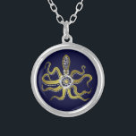 Steampunk Gears Octopus Kraken Silver Plated Necklace<br><div class="desc">This tentacled steampunk sea monster has eight wire-like gold appendages, a central silver gear and plenty of gears and bolts making up its head, eyes and suction cups. It's a robot octopus / kraken, a metal machine monster for anyone who likes geeky science-fiction / fantasy creatures. Dark-blue background color is...</div>