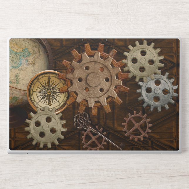 Steampunk Gears on Coppery-look Geometric Design HP Laptop Skin (Front)