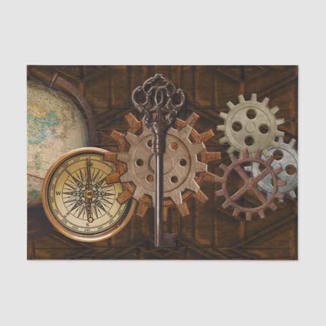 Steampunk Gears on Coppery-look Geometric Design Tissue Paper (Front)