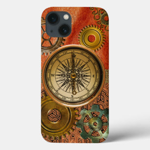 Steampunk Gears on Metallic & Leather-look Design iPhone 13 Case