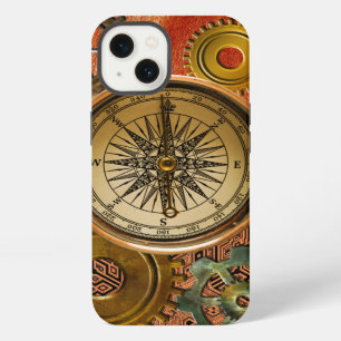 Steampunk Gears on Metallic & Leather-look Design iPhone 13 Case