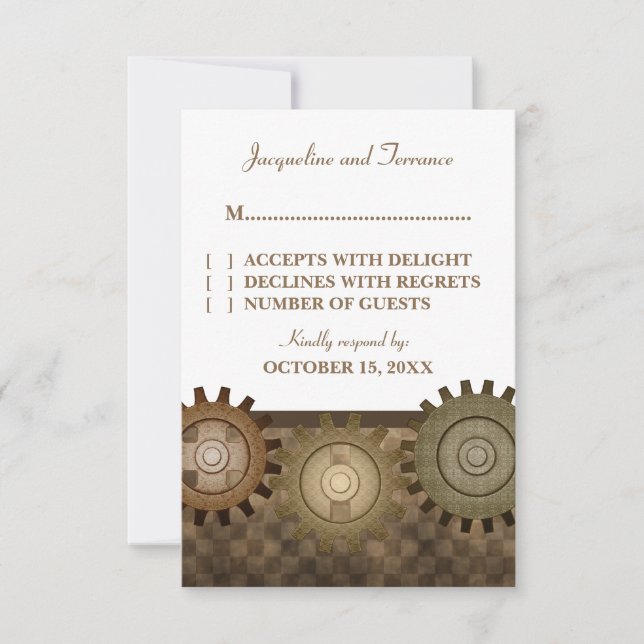 Steampunk Gears RSVP Card, Brown Card (Front)