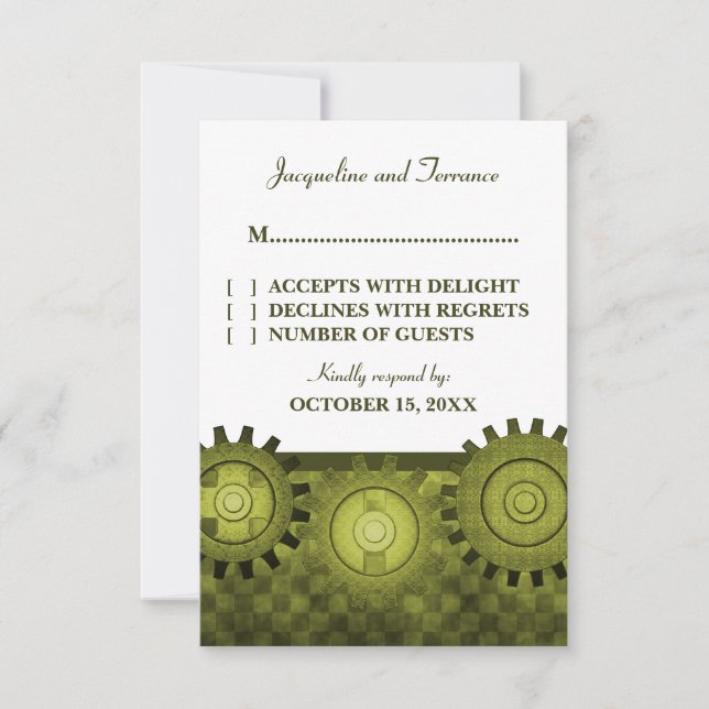 Steampunk Gears RSVP Card, Green Card (Front)