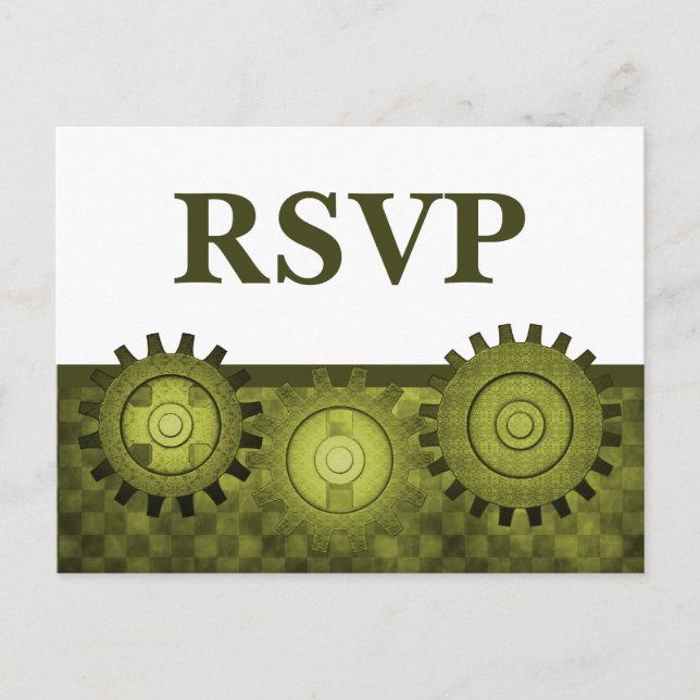 Steampunk Gears RSVP Postcard, Green Invitation Postcard (Front)