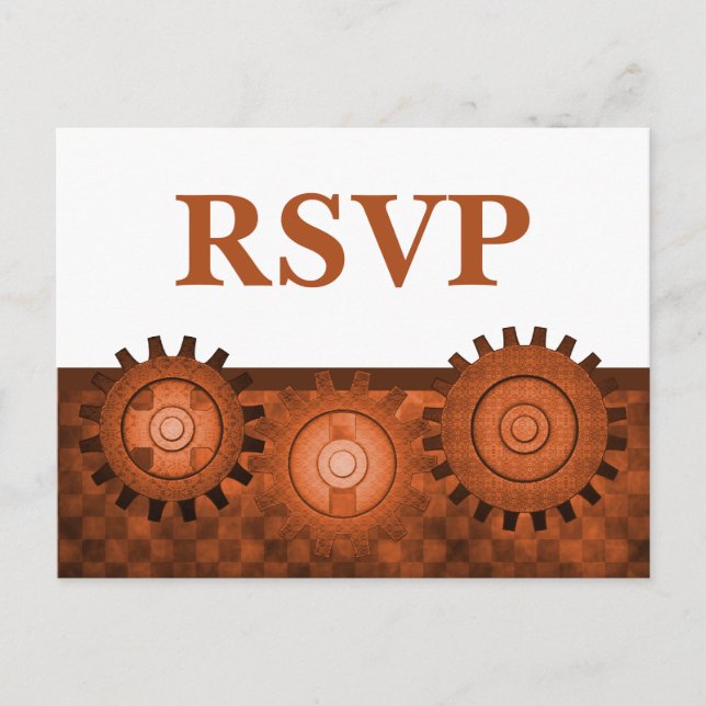 Steampunk Gears RSVP Postcard, Orange Invitation Postcard (Front)