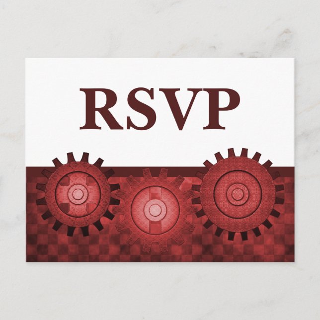 Steampunk Gears RSVP Postcard, Red Invitation Postcard (Front)