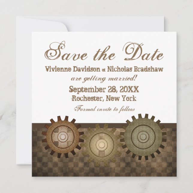 Steampunk Gears Save the Date Invite, Brown Invitation (Front)