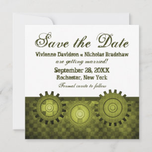 Steampunk Gears Save the Date Invite, Green Invitation