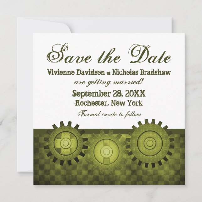 Steampunk Gears Save the Date Invite, Green Invitation (Front)