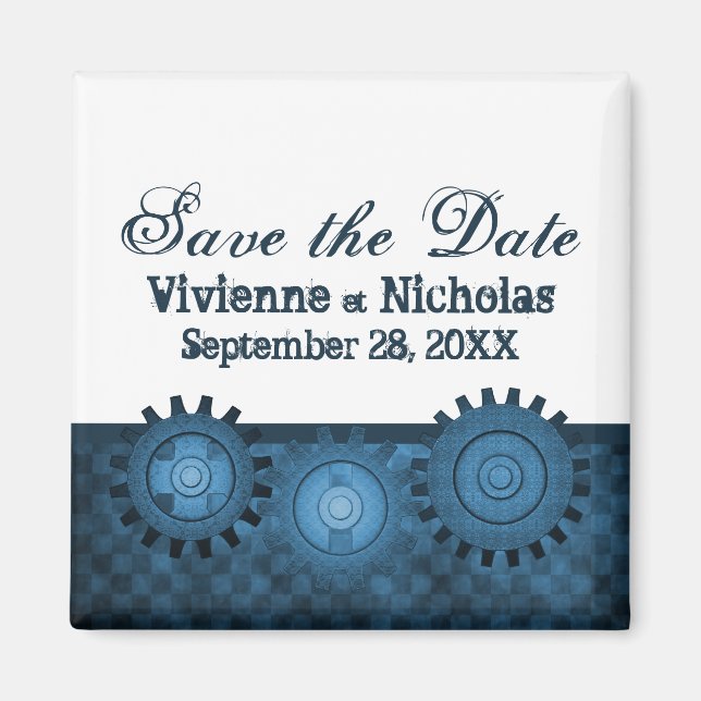 Steampunk Gears Save the Date Magnet, Blue Magnet (Front)